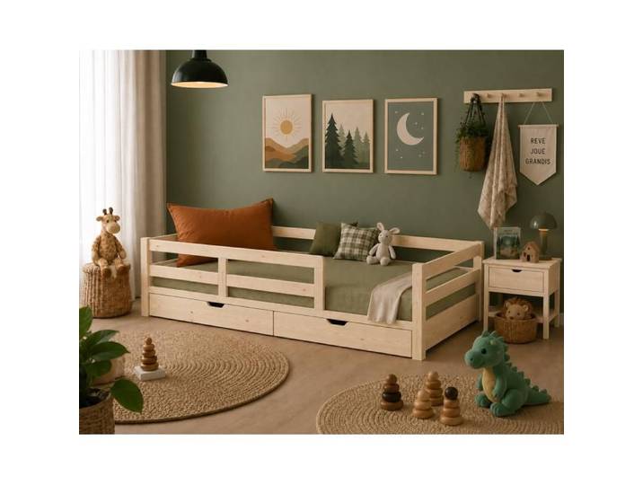 Lit Montessori au sol - KONTARBOOR - Lit Montessori - 90x190 cm - Bois massif (pin) - Sommier à lattes inclus