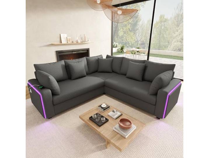 BTM Corduroy L Form Ecksofa mit LED, Kissen & USB‑Ladeanschluss, Modernes Wohnzimmer 5 Sitzer Sofa Couch Grau