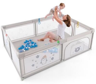 Costway Large Baby Playpen with Pull Rings Ocean Balls and Cute Pattern-Penguin