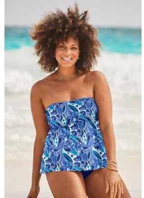 Smocked Bandeau Tankini Top by Swimsuits For All in Blue Paradise (Size 20)