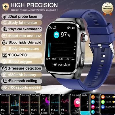 Uplift Essentials AI Laser Diagnosis Health Smart Watch ECG+PPG, Blood Lipids & Uric Acid Pro Heart Rate & BP Sports Smartwatch blue