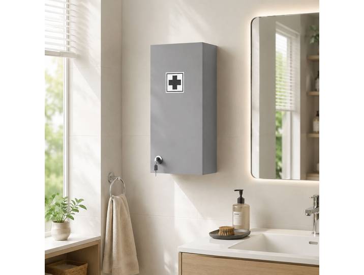 kleankin Armoire à pharmacie murale 5 étagères bois verre gris 70cm