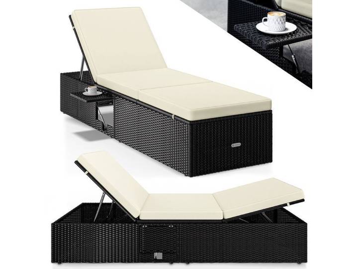 CASARIA Chaise longue noir crème extrémités réglables 7 positions bain de soleil polyrotin chaise d'extérieur transat