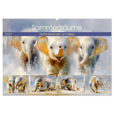 Sommerträume. Elefantenkinder am Meer (Wandkalender 2027 DIN A2 quer), CALVENDO Monatskalender