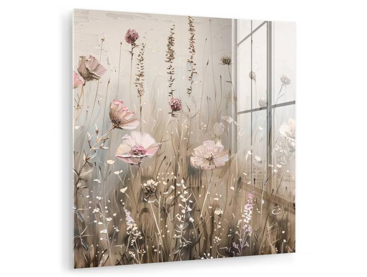 MuchoWow Acrylglasbild Blumen - Rosa - Modern - Beige 50x50 cm, Glas, Quadratisch, 50x50 cm, Bilder & Rahmen, Bilder, Acrylglasbilder