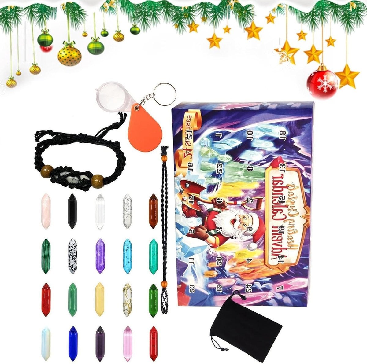 Adventskalender Kristallen Kettinghouder met Vergrootglas - 24 Dagen - Kleurrijk