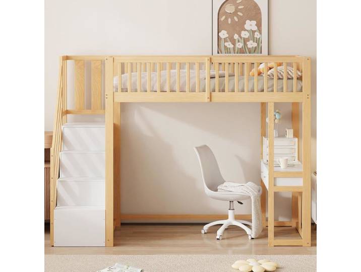 Lit Mezzanine 90x200cm avec Bureau Multifonctionnel Lit Mezzanine 1 Place avec Escaliers de Rangement Blanc et Bois (sans Matelas)