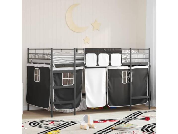 Pulverbeschichteter Metallrahmen Hochbett mit Vorhängen für Kinder Kinder Loft Bettgestell mit Vorhängen Schwarz 79,5 x 200 cm Hochbett Metall Rahmen Stufen Bett fuer Kinderzimmer mit Vorhang