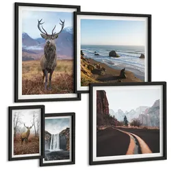 BILDER SET 5er Set - 50x50 cm & 20x30 cm & 40x60 cm Schwarzer Rahmen - Berglandschaften, Wasserfälle, Hirsche, Strände