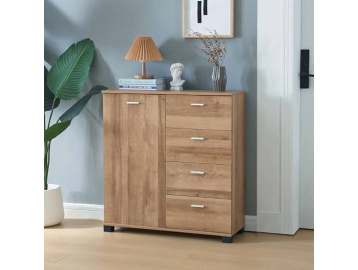 [en.casa] Sideboard Döbritz Flurschrank Mehrzweckschrank Kommode mit 4 Schubladen Wonhzimmerschrank für Flur Wohnzimmer Schlafzimmer 84x80x28cm Eiche