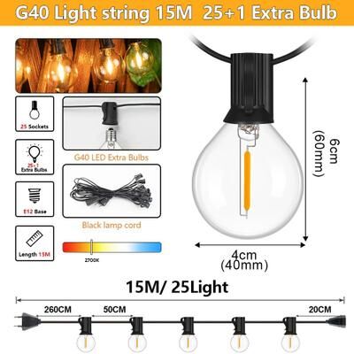 Uplift Treasures 30 M G40 LED Outdoor String Lights 50 Bulbs 50ft 15m 25bulbs eu Plug