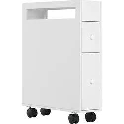 MODFU Badezimmerschrank Nischenschrank auf Rollen Weiß 16x50x66 cm mit 2 Schubladen und offenem Fach, kompakter Badrollwagen aus MDF