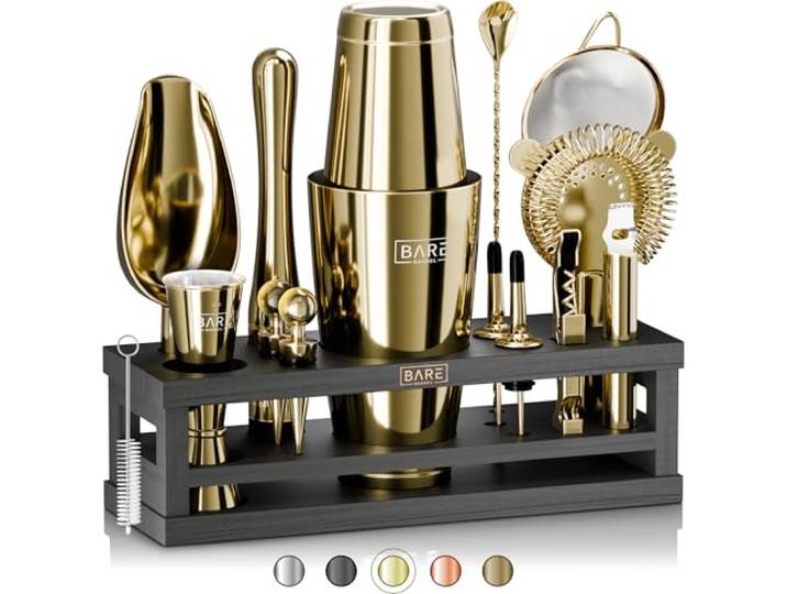 BARE BARREL® Mixology Barkeeper-Set Bar-Set 16-teiliges Cocktail-Shaker-Set Martini-Barzubehör Mixwerkzeuge für zu Hause inkl. 35 Rezeptkarten Geschenkset (793.8 g Boston Shaker, Gold/Schwarz)