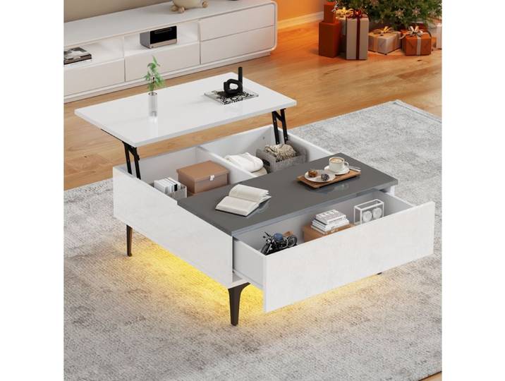 Table Basse Carree Blanc Et Gris Table Relevable Moderne FloraGrace Pour Salon Et Petit Espace Avec Rangement Cache 70x70x35cm