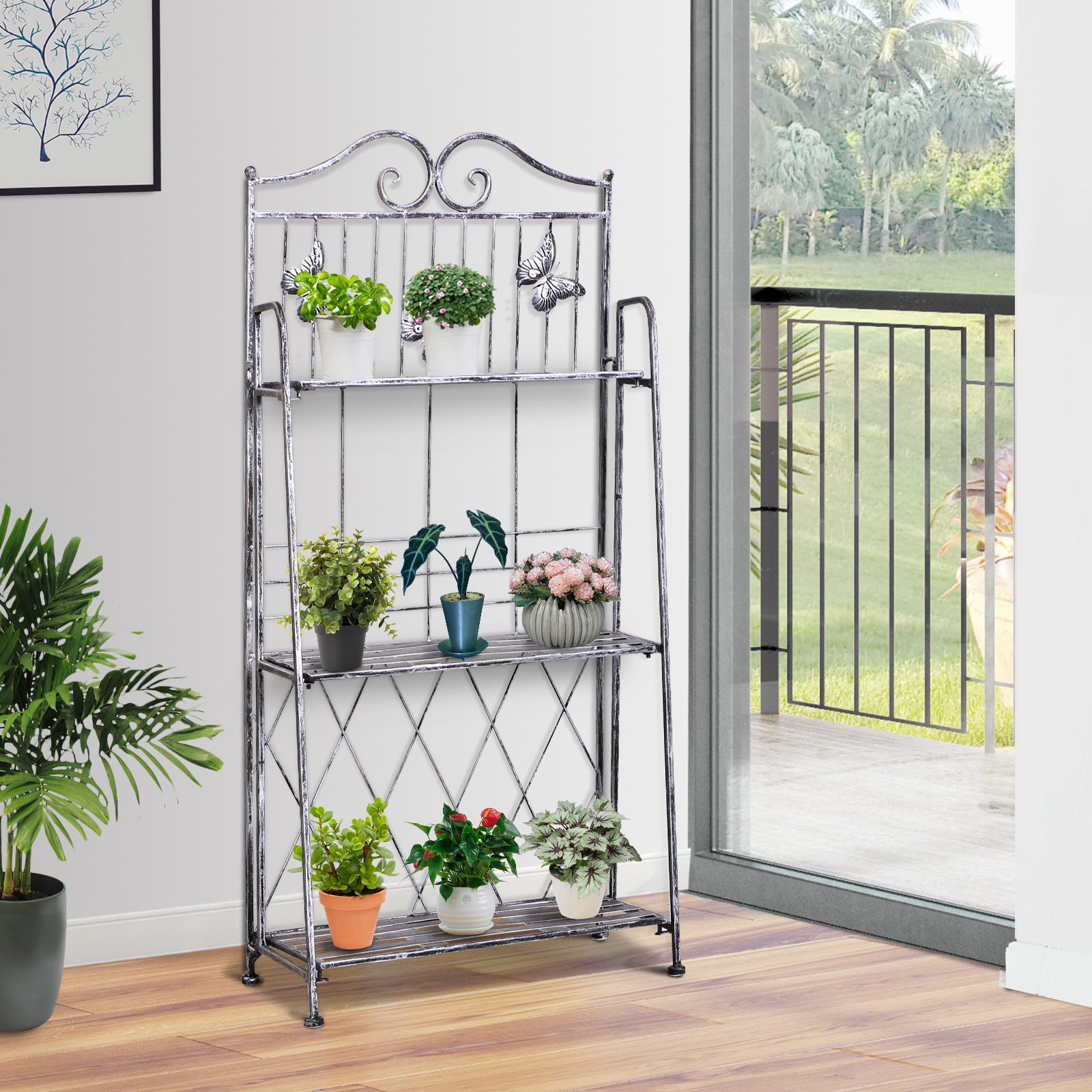 Outsunny Scaffale Fioriera 3 Ripiani Pieghevole da Giardino Balcone, Metallo, Argento, 44x25x96 cm Aosom