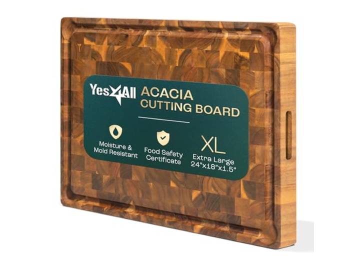 Yes4All Schneidebrett aus robustem Akazienholz für Küche, 61 x 38,1 x 3,8 cm, große feine Körnung, vorgeöltes dickes Schneidebrett mit Saftrillen und griffigen Griffen, ideal