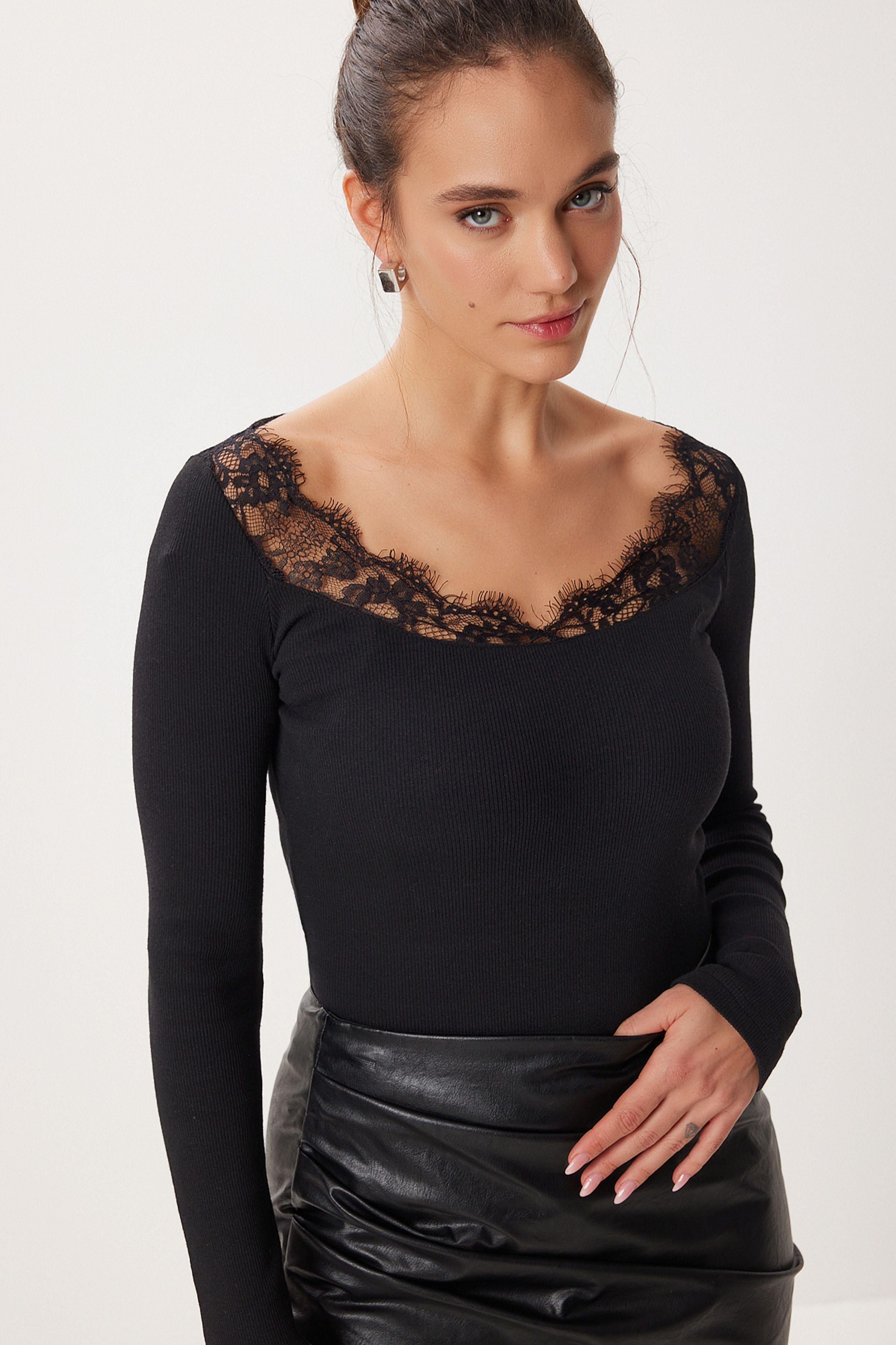 Bluse mit Spitzen-Detail und langen Ärmeln