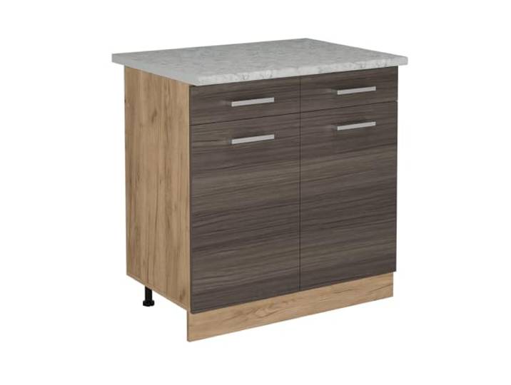 Vicco Küchenunterschrank R-Line, Edelgrau, 80 cm 2 Schubladen · Arbeitsplatte Marmor · Höhenverst. Füße · 2 Türen · Leichter Zugriff