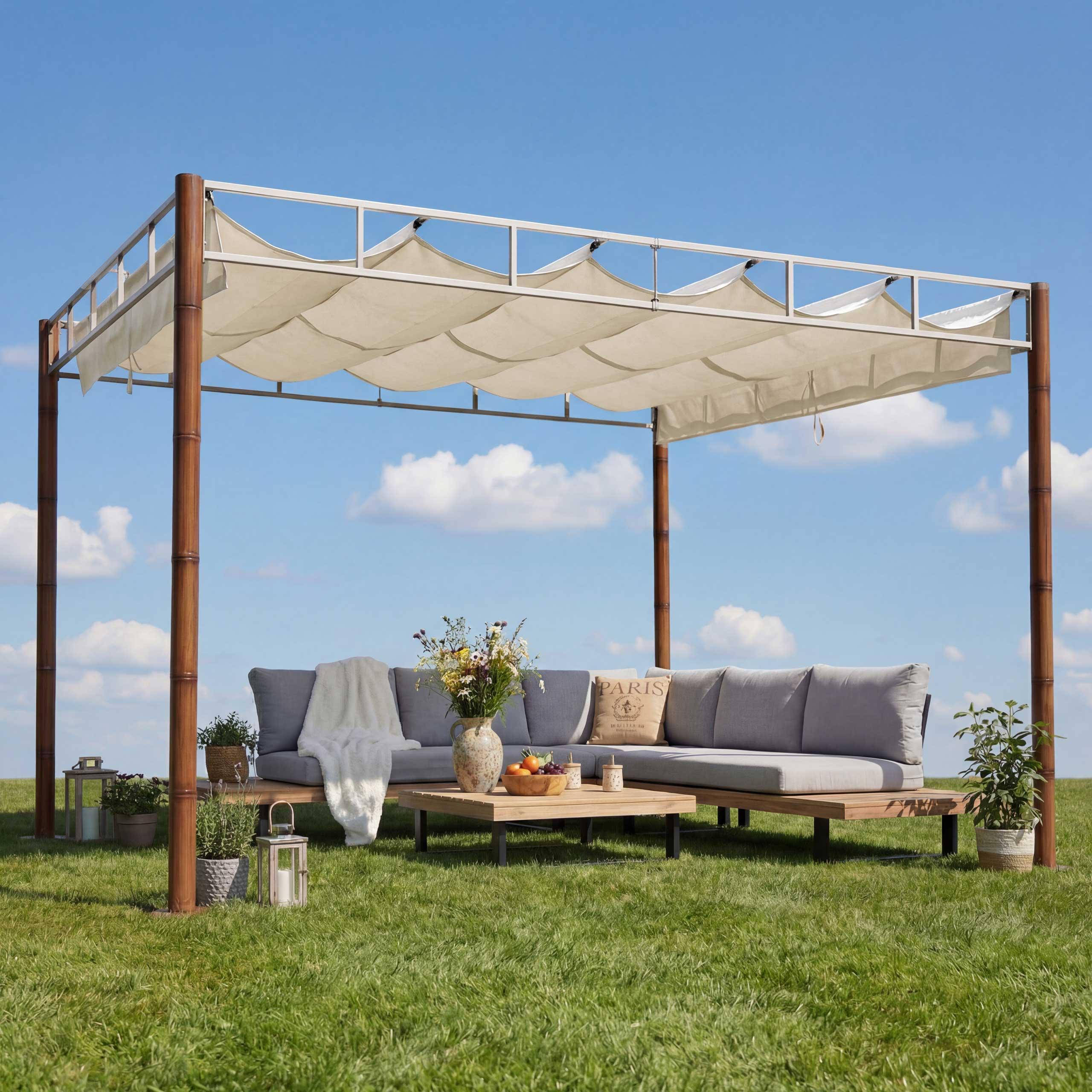 Pergola HWC-L42, Garten Pavillon Terrassenüberdachung, stabiles 7cm-Metall-Gestell 3x3m Bambus-Optik creme-weiß