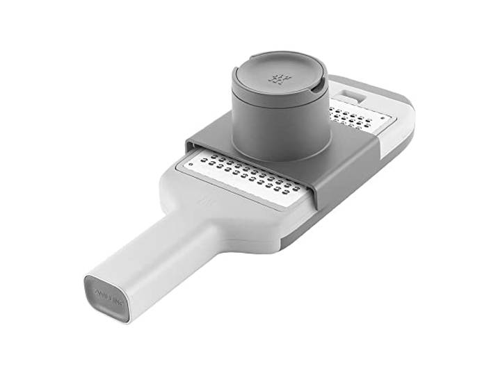 ZWILLING Z-Cut Multi-Reibe, Multifunktional, Edelstahl, 4 austauschbare Klingeneinsätze, Zwei-Wege-Reibtechnologie, Integrierte Auffangschale, Grau