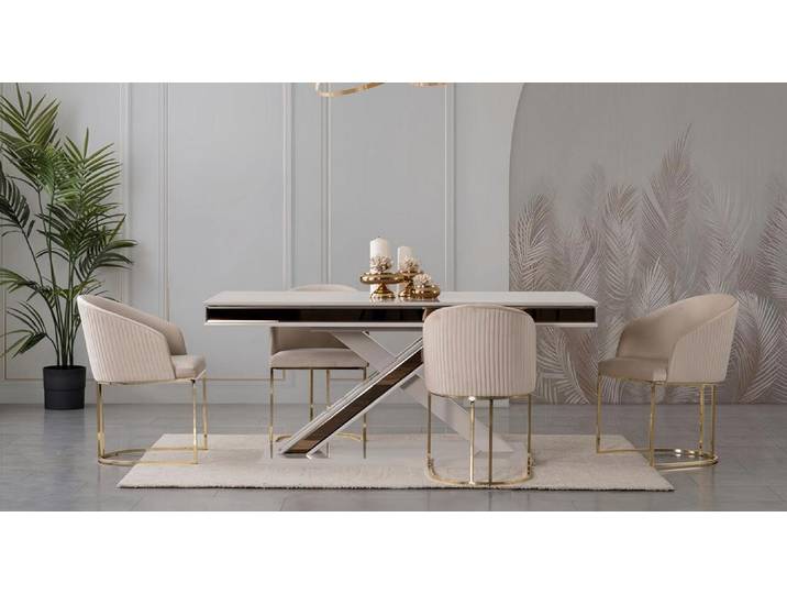 JVmoebel Essgruppe Beige Essgruppe Exklusiver Rechteckiger Esstisch 4x Edelstahlstühle, (5-tlg), Made in Europa