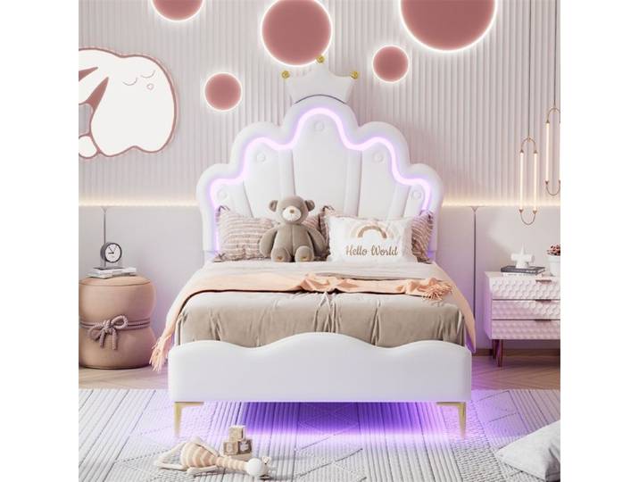 Lit Enfant 90x200cm - Lit Simple 90x200cm - Lit Rembourré avec LED - Design Nuage et Couronne Royale - Sans matelas - Blanc