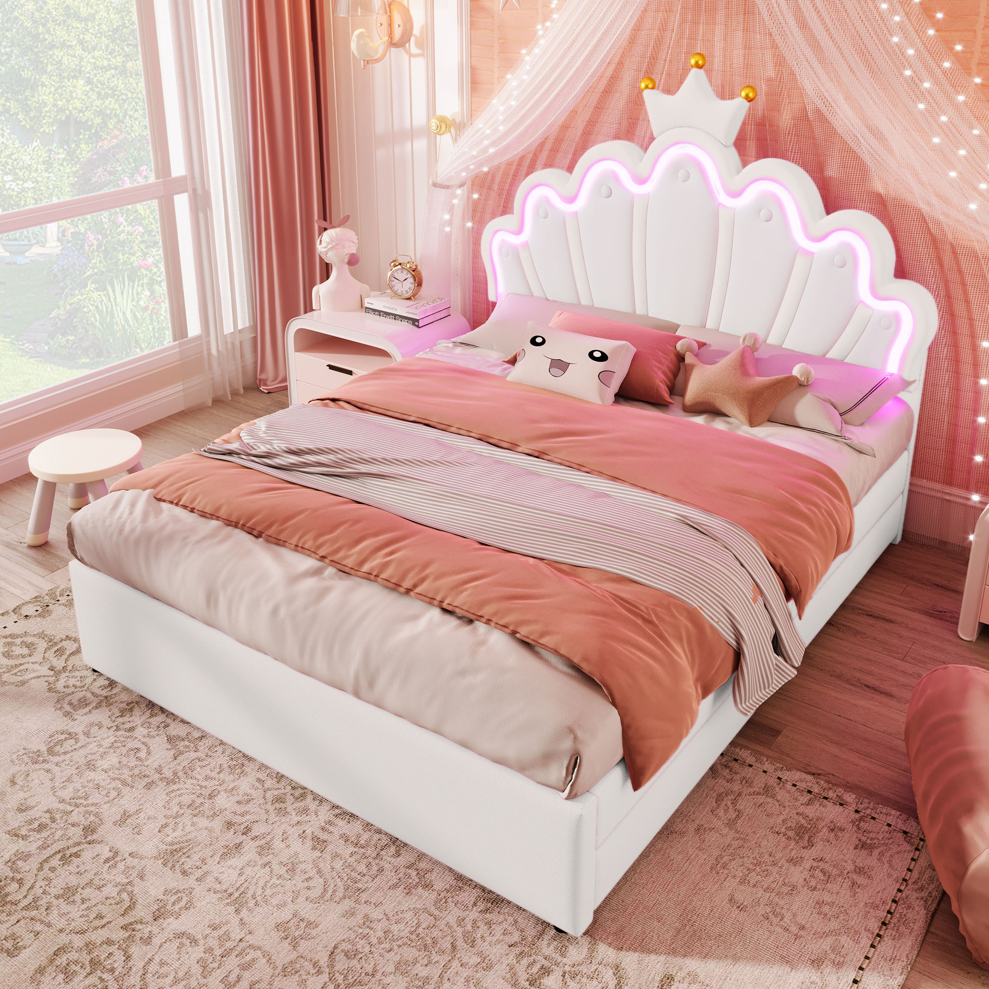 okwish Kinderbett 140×200 mit 2 Schubladen,Polsterbett Prinzessinnenbett für Mädchen,Funktionelles Doppelbett mit Lattenrost,Weiß(Ohne Matratze)