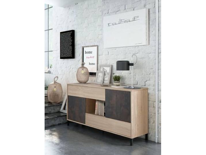Dmora Sideboard mit zwei Türen und zwei Schubladen, Eiche und Oxidfarbe, 151 x 80 x 41 cm.