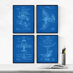 POSTER Set mit 4 Blau Flugzeuge Patent A4 Schwarzer Rahmen
