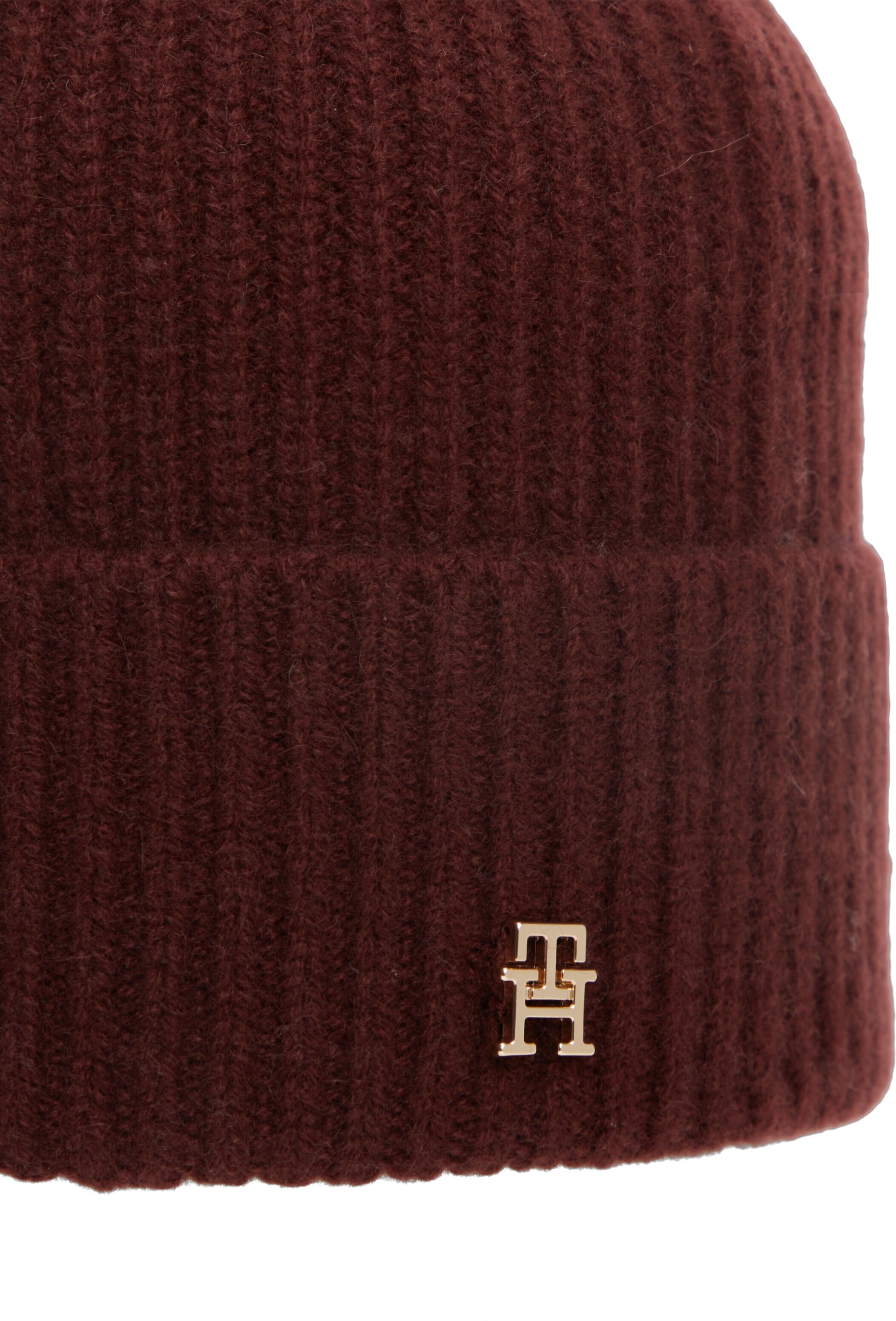 Beanie TOMMY HILFIGER "CASHMERE BEANIE", Damen, deep burgundy, Strick, Kaschmir, unifarben, Mützen Beanie, Regular fit mit Markenlogoemblem deep burgundy Einheitsgröße