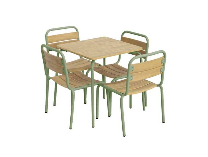 Table de jardin enfant acier et décor bois + 4 assises vert de gris - Suzie