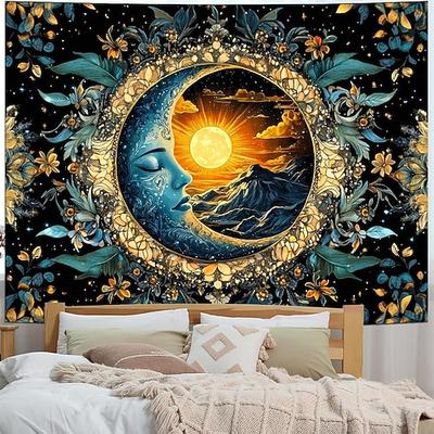 Wandteppich mit Sonnen- und Mondphasen, Pilz- und Kristallmotiven, Cottagecore-Ästhetik, Hexen-Zimmerdeko, Yoga-Meditation, Wohnkunst, Stoffposter