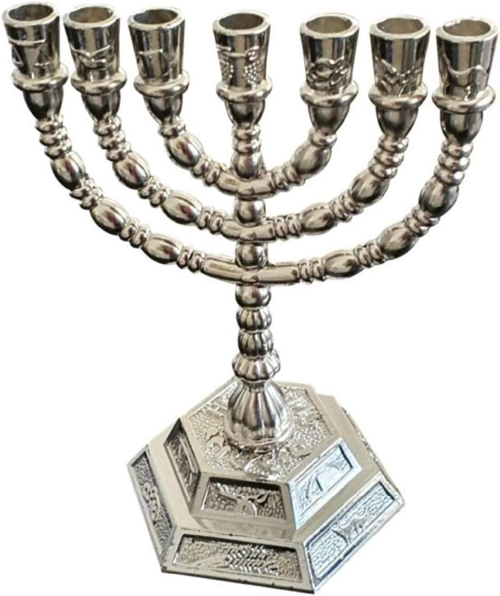 Zilveren Menorah Kandelaar met 7 takken en symbolen van de stammen van Israël, Hoogte: 128 cm