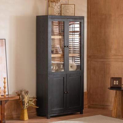 Clihome "74.5""H Ash Wood Grain Display Cabinet, Bookcase with Glass Doors&Adjustable Shelves"