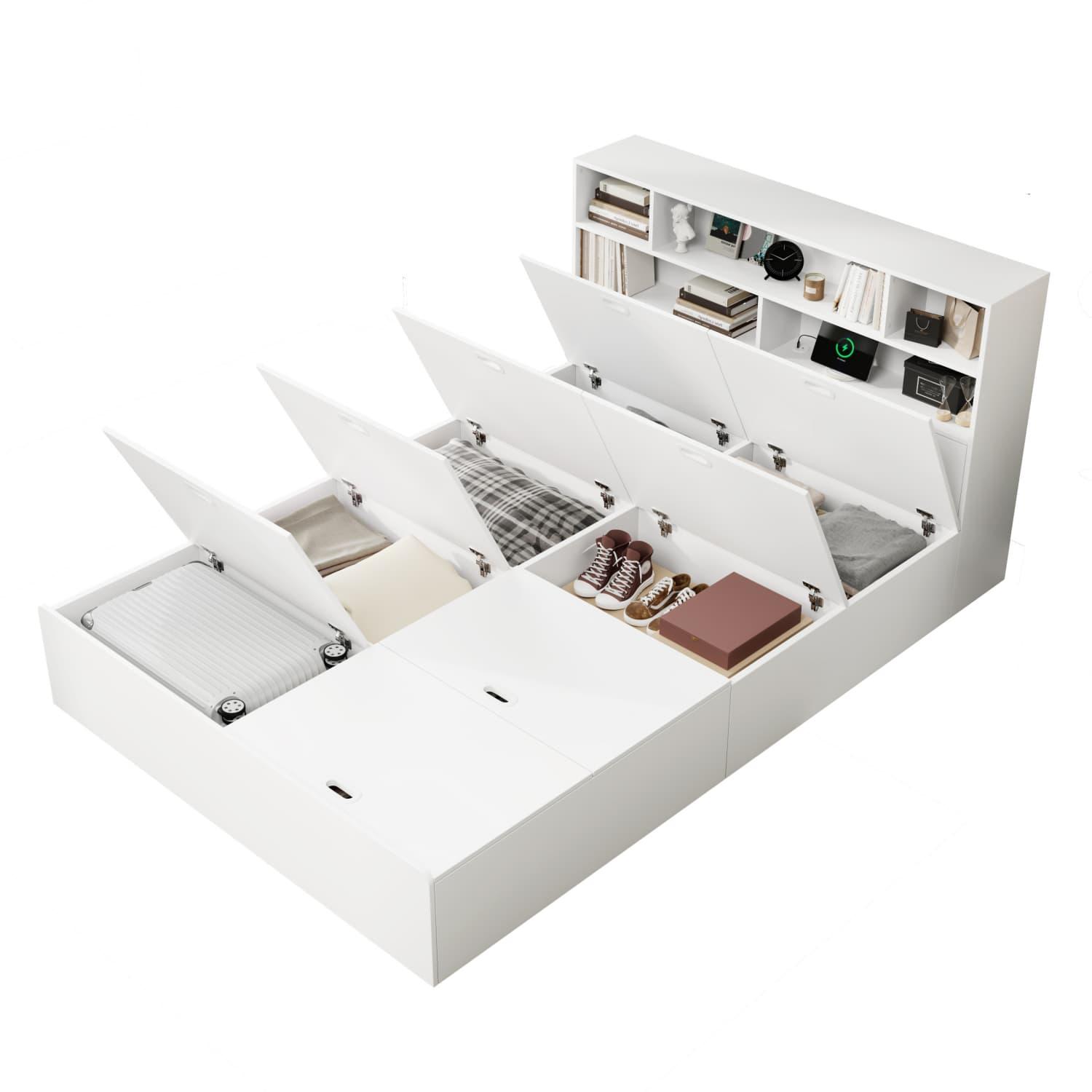 Stauraumbett 140*200cm, Doppelbett,Funktionsbett,Massivholzbett, mit USB-Anschluss, mit Aufbewahrungsbox unter dem Bett, mit Stauraum