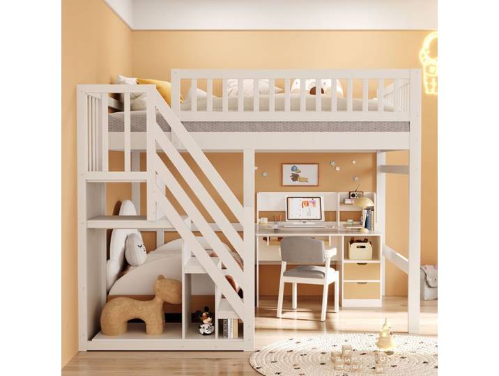 Lit mezzanine - MAISENTIEL - Maisentiel - 140 x 200 cm - Escalier avec rangements - Blanc