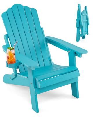 Costway Outdoor Folding Adirondack Chair with Cup Holder and 5-Level Backrest-Turquoise