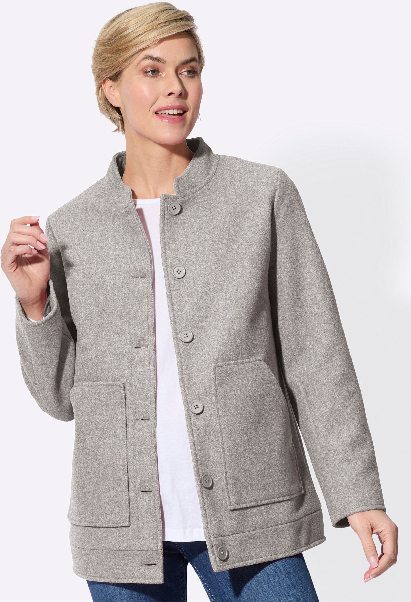 Walkjacke WITT "Jacke Jacke mit Stehkragen", Damen, Gr. 54, grau (grau, meliert), Basic, Jacken Walkjacke
