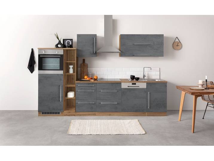 Küchenzeile KOCHSTATION KS-Samos , grau (küche: grau, front: beton oxid, korpus: wotaneichefarben, arbeitsplatte: wotaneichefarben), B:310cm H:200cm T:60cm, Komplettküchen-Sets, Küchenzeile, Breite 310 cm, wahlweise mit E-Geräten und Induktionkochfeld