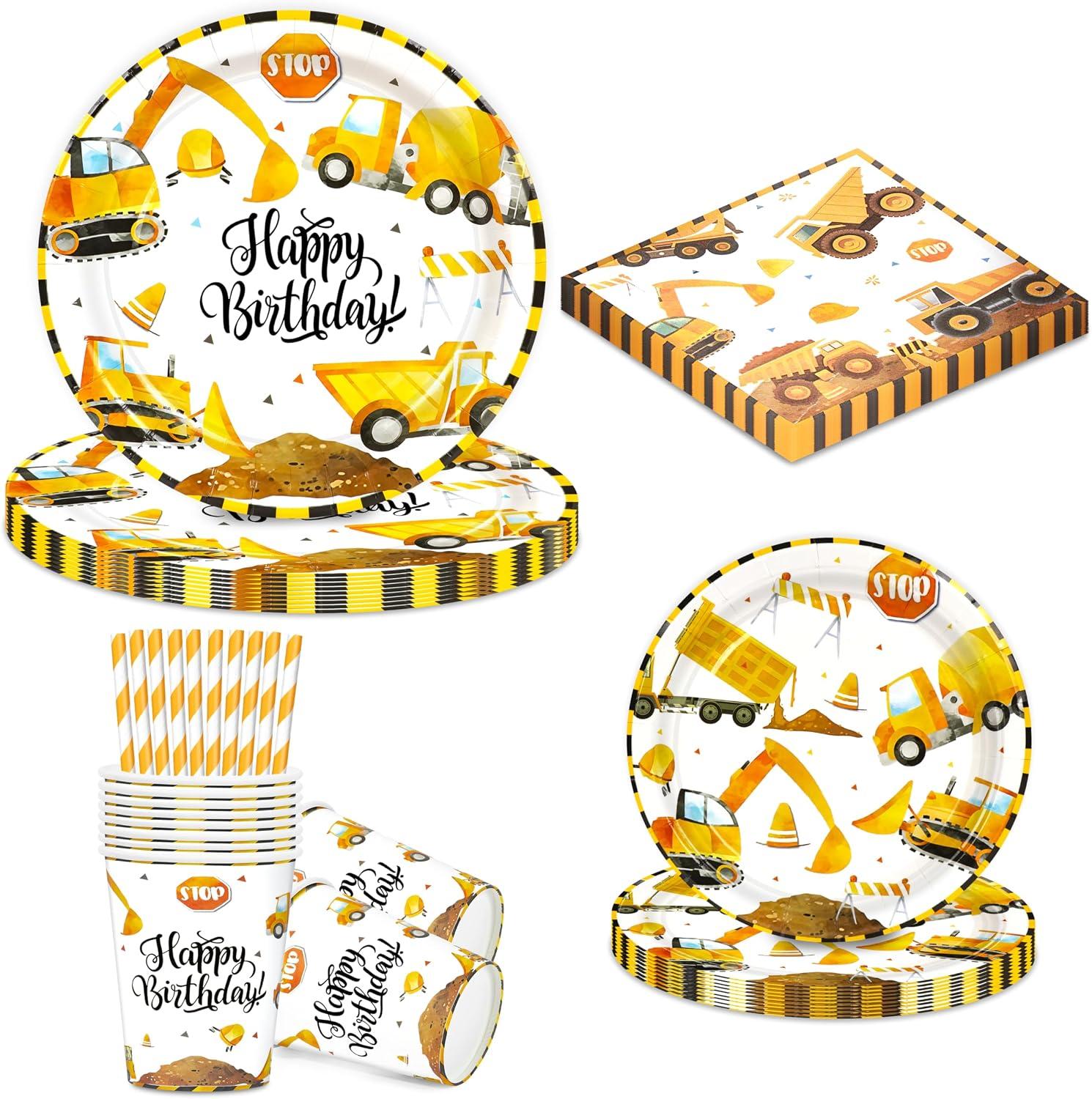 Baustellen-Partyset mit Dekoration | 60 Teile mit Bagger- und Kipplaster-Motiven | 20 Teller, 10 Becher, 10 Trinkhalme, 20 Servietten