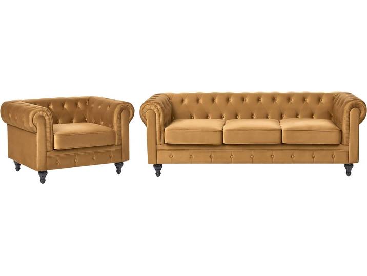 BELIANI Sofa Sessel Set Gold Samtstoff Sizgruppe Chesterfield Stil Glamourös Wohnzimmer Salon