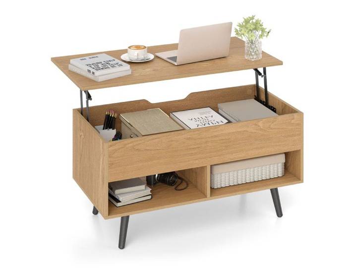 GOPLUS Table Basse Relevable à Bar à Gaz avec Plateau Relevable Table Basse avec 1 Compartiment Caché et 2 Étagères