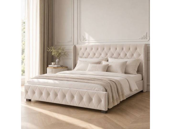 Lit 140x190 avec sommier Lit coffre 140x190 avec rangement et tête capitonné Design rivets pour adolescent adulte Velours beige