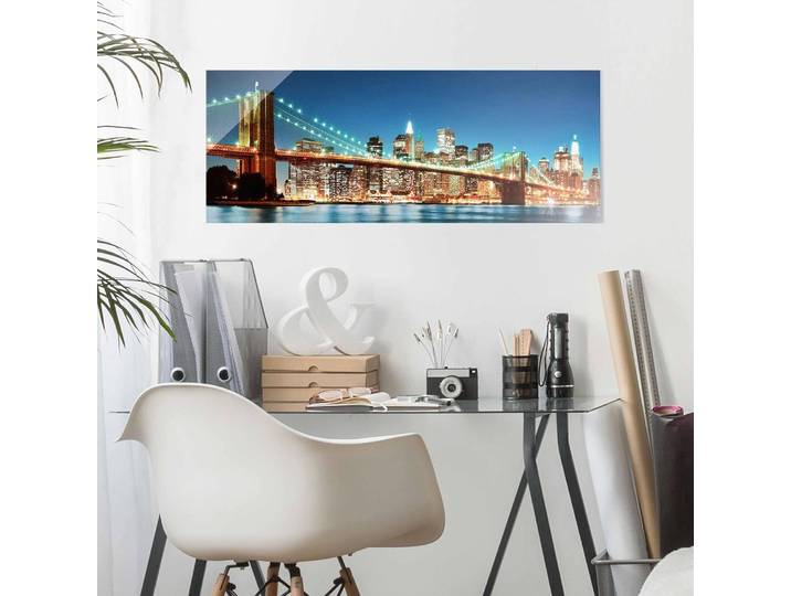 Glasbild Nighttime Manhattan Bridge Glasart: Sicherheitsglas Material: Glas Motiv: Städte & Architektur Muster: mit Motiv Blau 125 x 50cm
