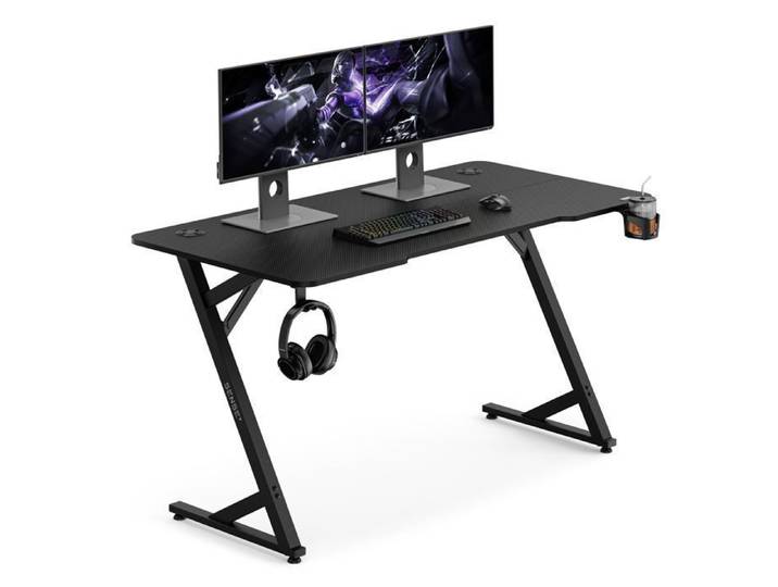 Bureau gaming - SENSE7 - VAMO - 140x70 cm - Noir carbone - Porte-gobelet support casque