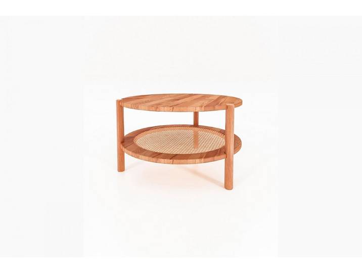 Natur24 Couchtisch Couchtisch Zola rund Kernbuche massiv und Rattan Durchmesser 60cm
