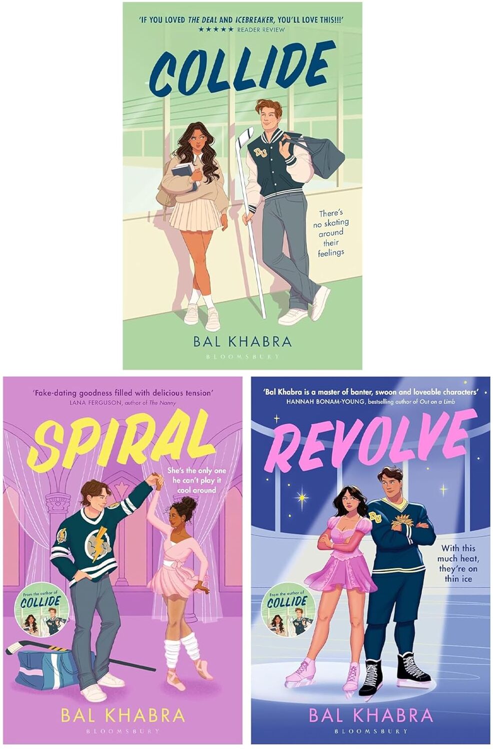 Bloomsbury Publishing Off the Ice Series by Bal Khabra - Collide, Spiral & Revolve - 3 Book Paperback Collection Set - Adult Sports Romance - BookTok Trilogy