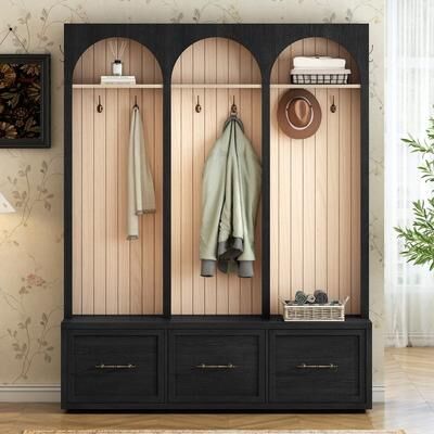 "Farmhouse Arched 59"" Wide Hall Tree with Bench and Storage, Rustic Entryway Coat Rack & Shoe Organizer with Drawers"