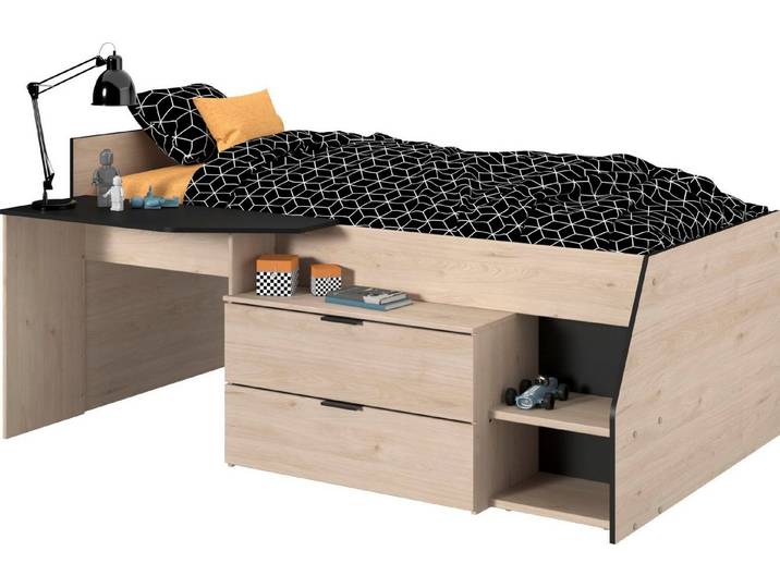 Parisot Hochbett Milky mit kleiner Arbeitsfläche und kleiner Kommode, extra Stauraum
