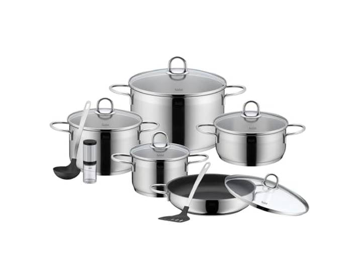 Silit Diamant Topfset 9-teilig, mit Glasdeckel, Servierpfanne, Küchenhelfer, Mühle, Edelstahl poliert, Töpfe Set unbeschichtet